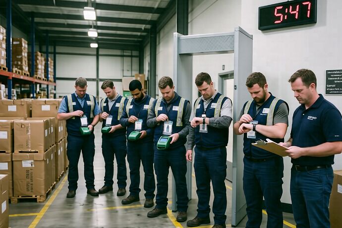 Workers at a warehouse security exit gate, fluorescent light, fluorescent badge swipers