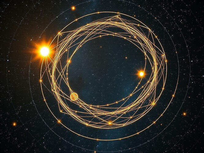 A cosmic atlas where glowing moral filaments trace orbits, weaving law into the fabric of space
