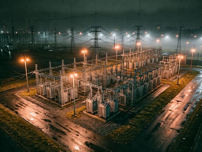 Transformer yard at night