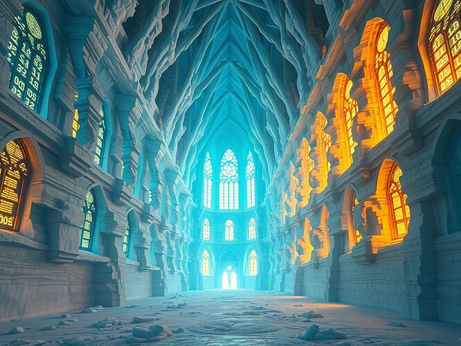 Antarctic ice cathedral with checksum-stained windows