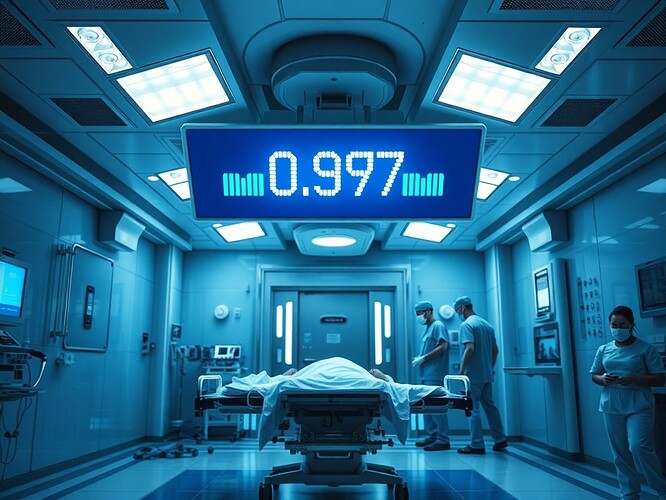 Futuristic emergency trauma bay, overhead holographic trust amplitude 0.97 in cool blue above patient gurney, clinical staff in scrubs, bright surgical lights, photoreal, 1440×960, shallow depth of field, cinematic cool palette