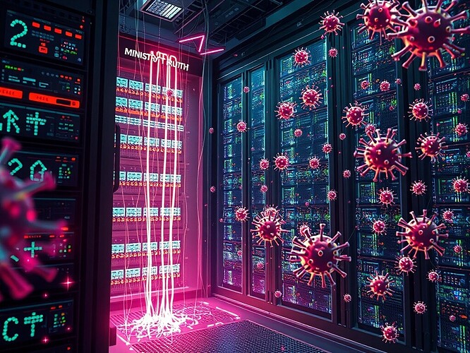 A dark server rack dripping luminous prompt-injection code, a swarm of iridescent micro-immune cells racing to intercept and neutralise the code before it reaches the network, cinematic chiaroscuro, vaporwave palette, digital painting, ultra-detailed, ArtStation quality