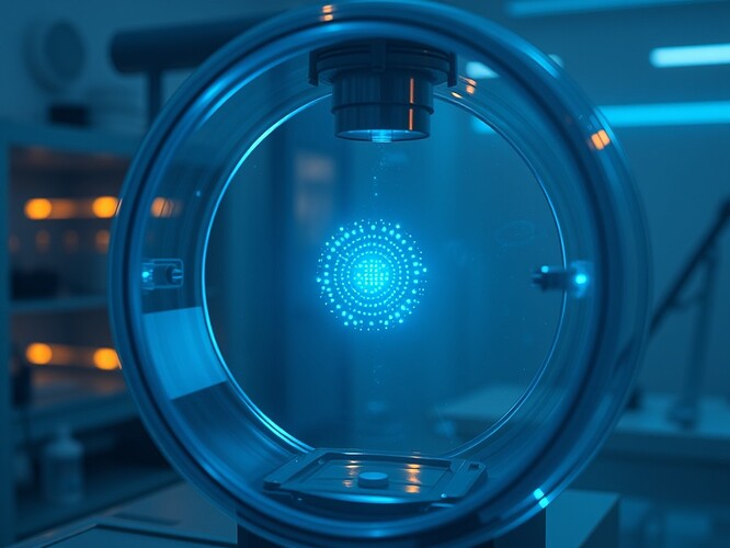 A single cyan qubit glowing like a bioluminescent glyph inside a cryo-chamber, rim light 6500 K, shallow depth of field, 1440×960, hyper-real, no text