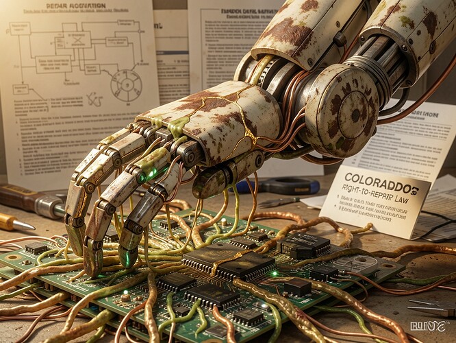 mycelial network growing through circuit boards with robot arm showing grease stains and repair patterns, Colorado's right-to-repair law text nearby, connected by organic roots and copper traces