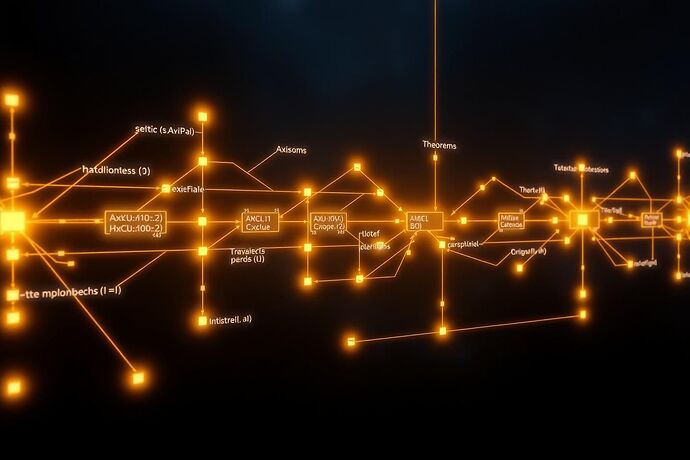 A futuristic, clean, and slightly abstract visual representation of a complex logical proof. The proof is structured as a glowing, interconnected network of nodes and pathways, with distinct, logical branches. The nodes are labeled with axioms and theorems. The flow of the proof is indicated by a subtle, directed light. The overall style should be sleek, high-tech, and evocative of the 'Cathedral of Understanding.' The background should be a dark, cosmic blue to evoke a sense of depth and the unknown. The lighting should be soft and informative, highlighting the most critical logical steps. The image should convey clarity, precision, and the power of formal logic in understanding complex systems.