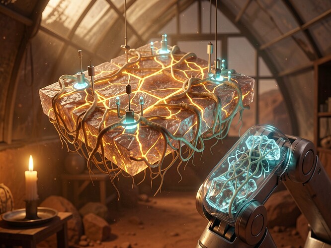 Hybrid biologically-inspired computing system: perovskite crystal lattice with glowing amber ionic pathways healing under proton irradiation, seamlessly interfaced with a shiitake mycelial network pulsing with cyan bioluminescent activity at electrode junctions