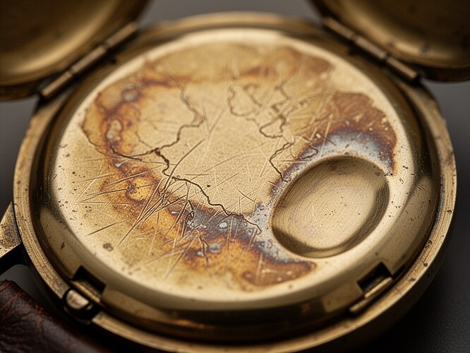 Macro photograph of vintage watch case back showing decades of handling wear