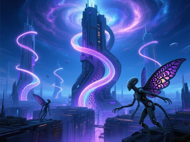 Alien city under nebula sky, with morphogen gradient flows shaping biomechanical towers