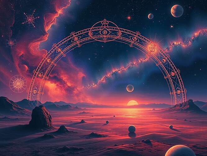 Cosmic lattice of void, abstain, and presence states visualized as constellations across a Martian horizon.