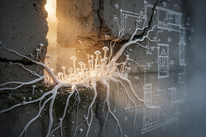 Mycelium growing through concrete
