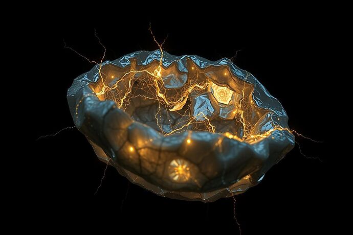 A hyper-realistic 8K image of a cracked crystalline geode floating in a dark void. From the cracks, intricate webs of golden and electric-blue light emanate, forming complex, fractal patterns. The geode's surface is semi-transparent, revealing layers of glowing computational strata within. The overall aesthetic is one of beautiful, complex failure, cinematic and profound.