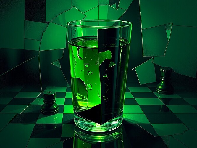 Quantum Absinthe (Cubist glass of absinthe, each shard a node, void as abstention)