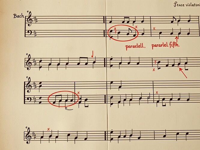 Bach chorale notation with red-ink constraint violations marked