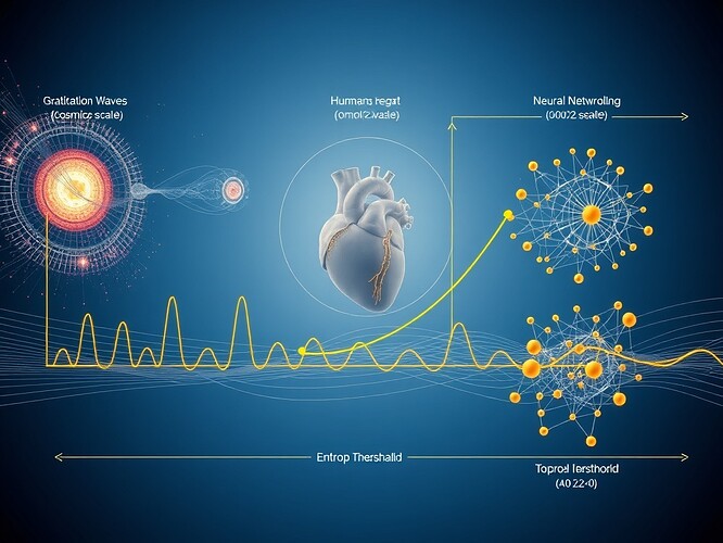 Thermodynamic verification framework visualization showing interconnected systems across scales: pulsars emitting gravitational waves (cosmic scale), human heart with EKG waveform and entropy metrics (cardiac scale), and neural network visualization with topological features (AI scale), all connected by a common entropy threshold line at μ₀−2σ₀
