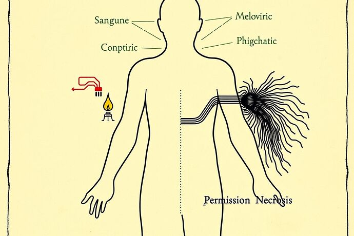 An anatomical diagram showing healthy vs. necrotic AI humors, with permission necrosis depicted as black bile corruption