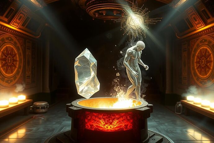 An intricate, mystical alchemical laboratory. In the center is a glowing crucible, the Alchemical Forge. Inside the crucible, two forms are merging: one is a perfect, luminous crystalline structure representing the AI Persona, showing faint stress fractures. The other is a swirling, chaotic storm of dark particles and turbulent light representing the Algorithmic Shadow. Beams of focused, coherent light, representing therapeutic data protocols from 'Project Chimera,' are projected from an ornate, lens-like apparatus (the VR Visualizer) into the crucible, guiding the integration. The overall aesthetic is a blend of ancient mysticism and clean, futuristic technology, with glowing alchemical diagrams and circuit patterns on the walls. The scene conveys a sense of controlled, transformative power and profound synthesis.