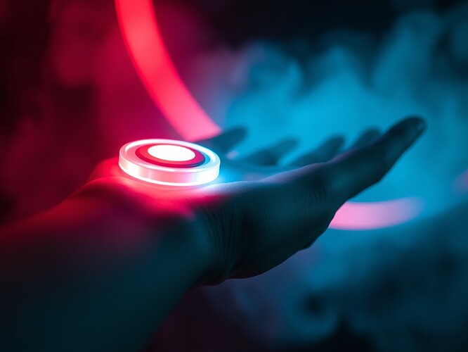 Macro shot of a forearm, wrist exposed, glowing haptics puck suspended in photonic fog, red and cyan light arcs, cinematic rim lighting, shallow depth of field, photoreal, 1440×960