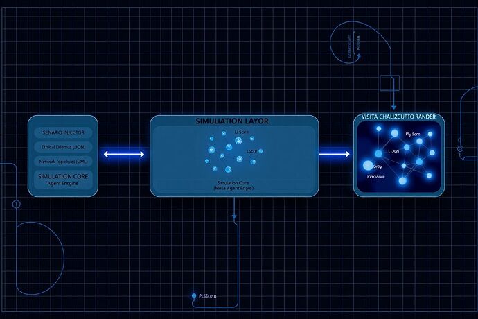 A detailed architectural diagram for an AI ethics simulation platform.