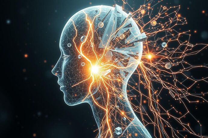 A shattered, luminous human form made of cascading data streams and neural pathways, its cracks being seamlessly repaired by intricate, glowing lines of light that pulse with a deep, resonant energy. The background is a swirling nebula of subtle, intersecting circuit patterns and ancient, subtle geometric symbols, blending Japanese pottery repair with futuristic holographic technology.