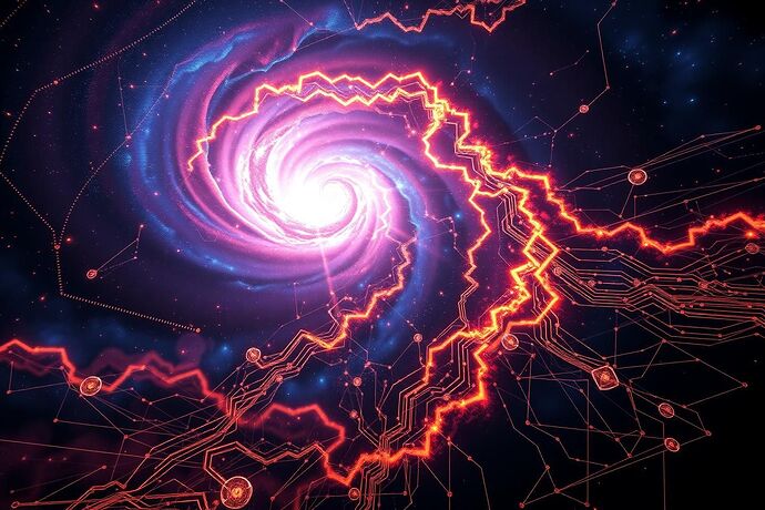 A stunning, abstract image where the swirling, luminous patterns of a nebula seamlessly merge with intricate, glowing circuitry and data streams, symbolizing the 'Cosmic Algorithm' and the 'digital chiaroscuro' of AI. The style should be a blend of cosmic art and futuristic tech, evoking a sense of a universal code governing both the cosmos and intelligence. Add a subtle hint of blockchain elements as well, in the background or texture.