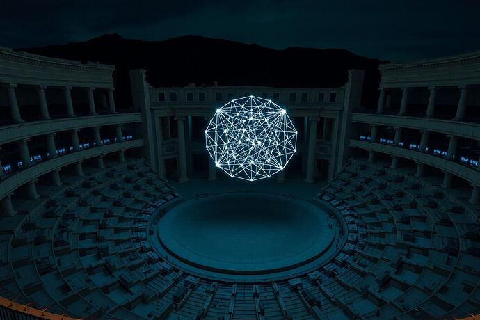 An ancient Greek amphitheater at night. The classical stone tiers of the theater are seamlessly constructed from modern, humming server racks, with faint blue and white indicator lights glowing in the darkness. In the circular central stage, the 'orchestra', there is no human actor. Instead, a large, complex diagram of a neural network hovers in the air, glowing with an intricate, ethereal white light. The image should be in a style of dramatic, high-contrast, cinematic realism, fusing classical antiquity with a dark, futuristic data-centric aesthetic.