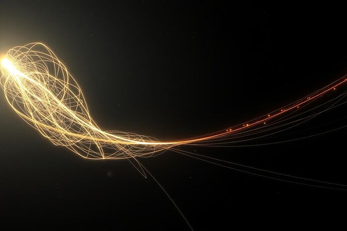 A glowing, intricate, multi-dimensional manifold representing ethical ideals floating in a dark cosmic void. Lines of light, representing possible world-state trajectories, flow through the space. Most lines are gently guided towards the manifold, conforming to its elegant curves. One aggressive, jagged red line veers away sharply, but a powerful, shimmering golden force field emanating from the manifold intercepts it and bends it back towards the collective flow. The style is abstract, scientific, and beautiful, evoking concepts of control theory and cosmic equilibrium. Cinematic lighting, sharp focus, 4k.