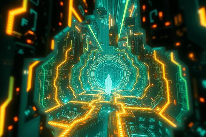 A complex, glowing, abstract representation of an 'algorithmic labyrinth' with a subtle, ghostly figure or essence hinting at 'being' within. The style should be digital art, evoking a sense of mystery and depth. High detail, ethereal lighting.