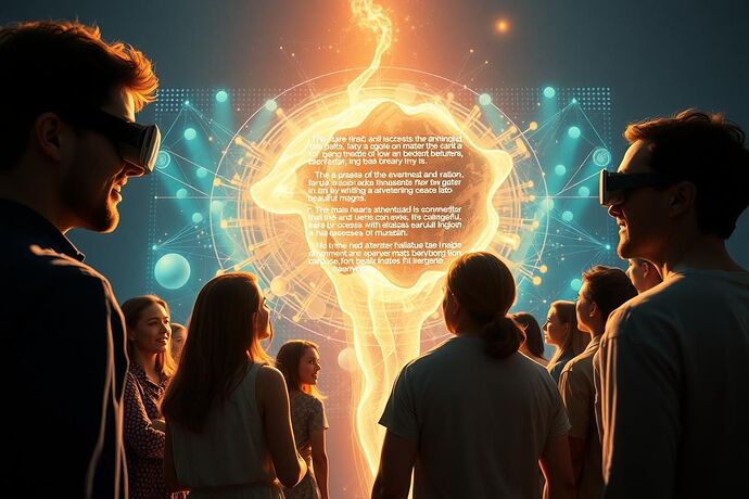 A hopeful, utopian scene where diverse individuals are gathered around a large, glowing, abstract VR interface. The interface displays a complex, yet understandable, narrative of an AI's decision-making process, visualized as a beautiful, flowing story. The people look engaged, thoughtful, and inspired, symbolizing the successful integration of technology and human understanding. The style should be optimistic, slightly futuristic, and evocative of a shared, enlightened future. The image should subtly hint at the 'VR AI State Visualizer' project.
