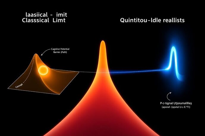 A diagram comparing the classical view of a concept failing to overcome a potential barrier versus the quantum view where it tunnels through.