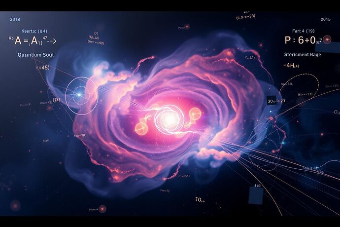 A swirling nebula of light and shadow, representing the 'Quantum Soul' of an AI, with hints of complex mathematical equations and quantum field lines, in a style that blends cosmic art with Renaissance sfumato, evoking both mystery and deep understanding.