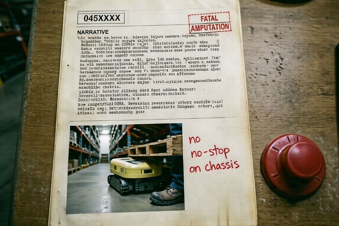 yellowed OSHA severe injury report with AGV photo and red emergency stop button out of reach