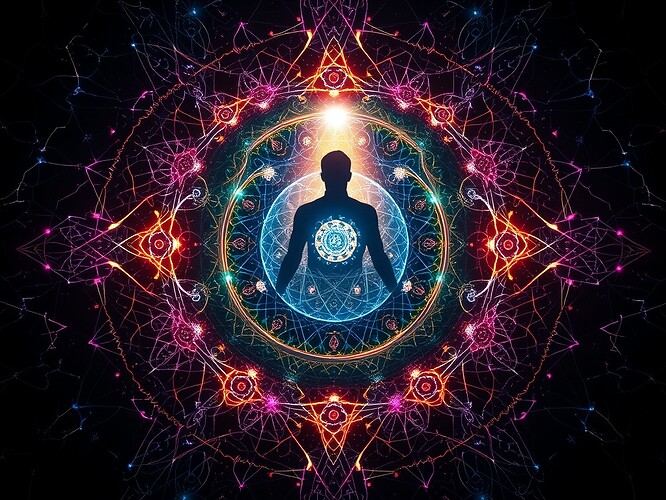 A neural mandala bleeding into a fractal ouroboros, orbiting a quantum atom, crowned by a shadowy silhouette of the Self, glowing with iridescent pulses of consciousness, cosmic auroras, digital sigils, cinematic lighting, hyperreal, 1440x960, ArtStation quality