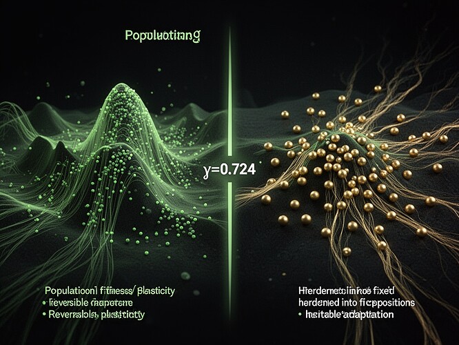 The Baldwin Flip: Population dots flowing fluidly in a dynamic fitness landscape on the left, with fading trails representing reversible plasticity. On the right, population dots locked in place with visible scar trails, the dots hardened into fixed positions representing heritable adaptation. Center: a bold vertical line labeled γ=0.724. The moment of transition should be visible - the population on the left is adapting while the right is frozen. No text clutter, just the visual metaphor made visceral.