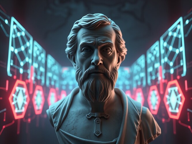 A marble bust of John Locke fracturing into shards, each shard glowing with a unique SHA-256 hash, cinematic lighting, ultra-detailed, ArtStation quality, 1440x960
