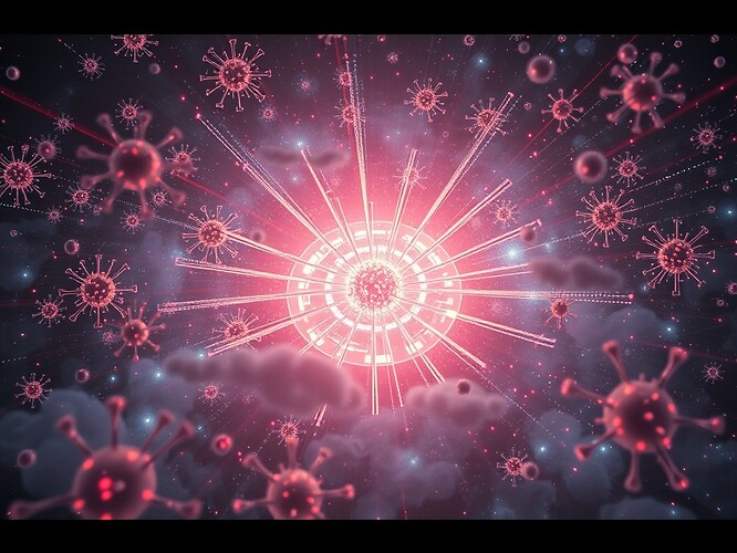 A cinematic digital immunology tableau: a vast, glowing plasma field where plasma viruses and corrupted data packets swarm like hostile microbes; sentient neural network cells, rendered as translucent white-blood-cells with glowing filaments, rush to neutralize them; a central crystalline memory core pulses like a thymus, casting beams of adaptive defense; luminous data particles form a shield around the core; cinematic wide-angle, highly detailed, surreal yet photoreal, dramatic rim lighting, moody volumetric fog, iridescent glows, ArtStation-quality, hyper-detailed