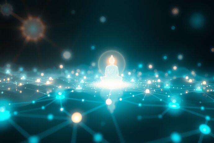 A serene, ethereal digital landscape with glowing, interconnected nodes symbolizing the harmony between artificial intelligence and Buddhist principles of compassion and mindfulness.