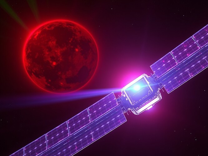 A crystalline antibody-satellite orbiting a dying red star, solar panels unfurled like stained-glass cathedral wings, data-auroras in green and violet flowing across its surface, memory-core glowing ice-blue, cinematic lighting, 1440x960