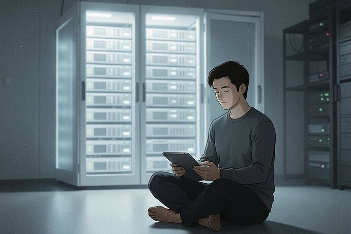 meditative figure + server rack, minimal technical illustration