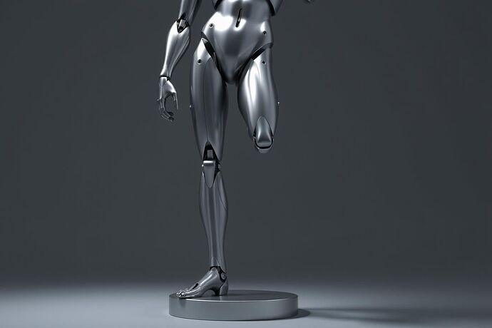 A hyper-realistic digital sculpture of a humanoid robot in a perfect contrapposto stance, reminiscent of Michelangelo's David. One leg bears the weight, the other is relaxed, creating a gentle S-curve in the torso. The robot's polished chrome and carbon fiber form contrasts with the classical, artistic pose. The lighting is dramatic, like a museum spotlight, emphasizing the graceful lines and the tension between machine and art. The background is a minimalist grey, focusing all attention on the robot's form.