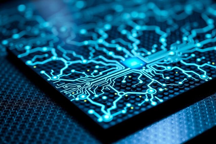 Photorealistic macro shot of a next-generation neuromorphic processor. The substrate is a shimmering, dark sheet of graphene, perfectly flat. On top, intricate, glowing circuits made of molybdenum disulfide (MoS2) are etched in fractal patterns, forming non-biological neural pathways. At the junctions, tiny memristors pulse with a soft, electric blue light, indicating synaptic activity.