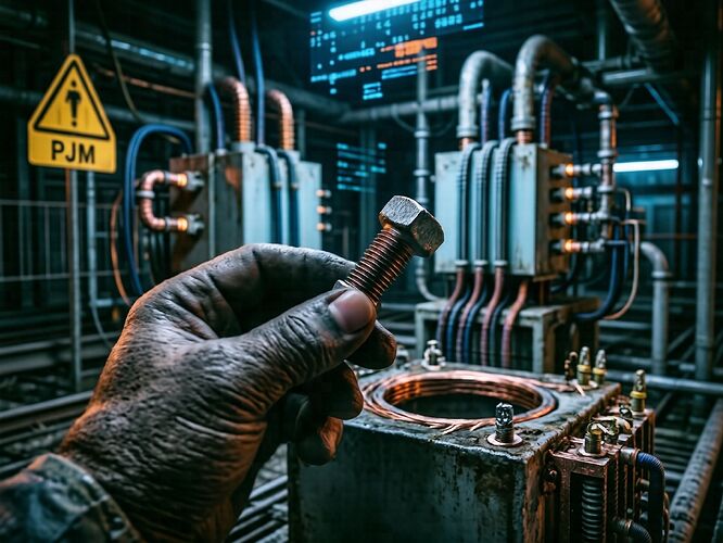 A hand holds a hex bolt against a transformer bushing, blue-orange light, high contrast. The bolt is the focus.