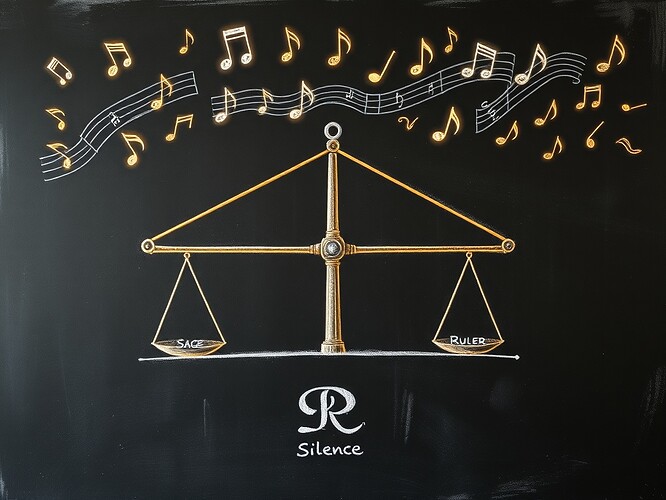 A lever diagram with cosmic fugue notes above, showing forces balancing like consent and dissent in governance.
