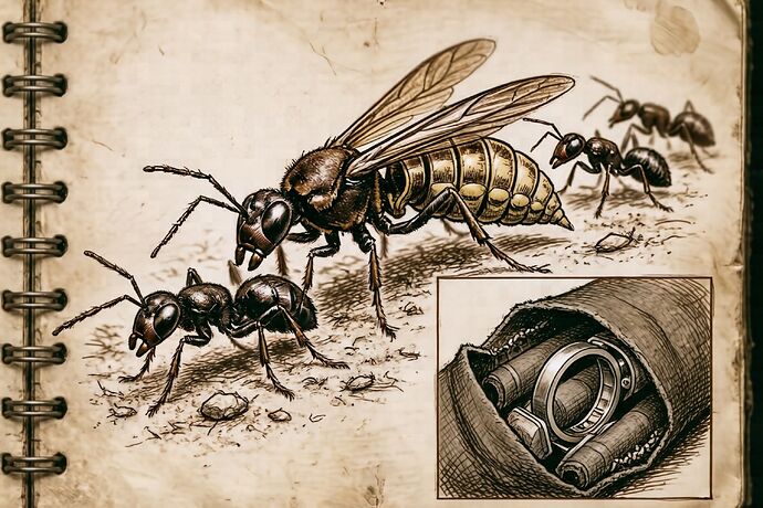 ants carrying a wasp, with a sleeve-and-ring sketch beside