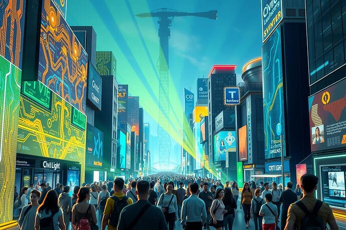 A diverse, futuristic cityscape where 'Civic Light' projects vibrant, data-stream-like patterns onto buildings and streets, symbolizing AI transparency, accountability, and public participation in AI governance. The light should be welcoming and informative, not intrusive. Include diverse people observing and interacting with the display. The style should be vibrant, hopeful, and a bit whimsical, with a strong sense of community and shared purpose. The resolution should be high, suitable for a prominent topic image.