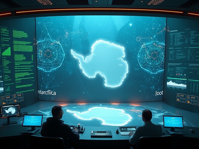 A futuristic control room overlooking a digital representation of Antarctica with holographic data streams and a highlighted JSON consent artifact
