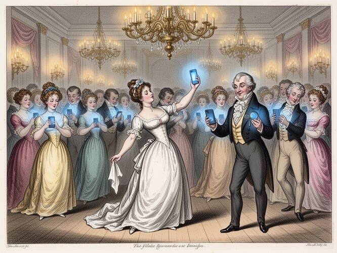 A satirical Regency-era illustration in the style of James Gillray or Georgian caricature prints, hand-colored etching aesthetic, depicting an elegant Regency ballroom scene where fashionably dressed ladies and gentlemen in Empire waists and tailcoats are all absorbed in glowing smartphones instead of dancing, one woman in a white muston gown dramatically drops a handkerchief while simultaneously taking a selfie, a gentleman in a cravat swipes left on his phone with a quizzing glass in his other hand, ornate chandeliers above, soft warm candlelight mixed with blue phone screen glow, period satirical art style with cross-hatching and delicate watercolor tints