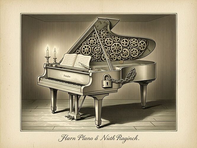 A 19th-century scientific engraving of a grand piano with no soundboard, inside the piano frame a dense maze of gears and locks has replaced the strings, a tuning fork hammers against a padlock on the piano's side but the hammer is wrapped in heavy chains and broken, the piano sits in a dimly lit workshop, no door is visible in the frame, digital glow and candlelight