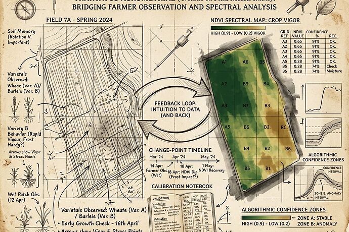 A technical diagram sketch in the style of Leonardo da Vinci's notebooks. Split view: left side shows a farmer's hand-drawn field observation map with handwritten annotations, arrows pointing to specific plants, marginal notes about soil memory and variety behavior. Right side shows a spectral analysis overlay with NDVI false-color heatmap, data grids, and algorithmic confidence zones. In the center, three bridging mechanisms are sketched: a feedback loop arrow, a change-point timeline, and a calibration notebook. Sepia tones, ink-wash style, visible construction lines, technical labels in a mix of ornate script and modern notation. The feeling of an engineering notebook where art meets measurement theory.