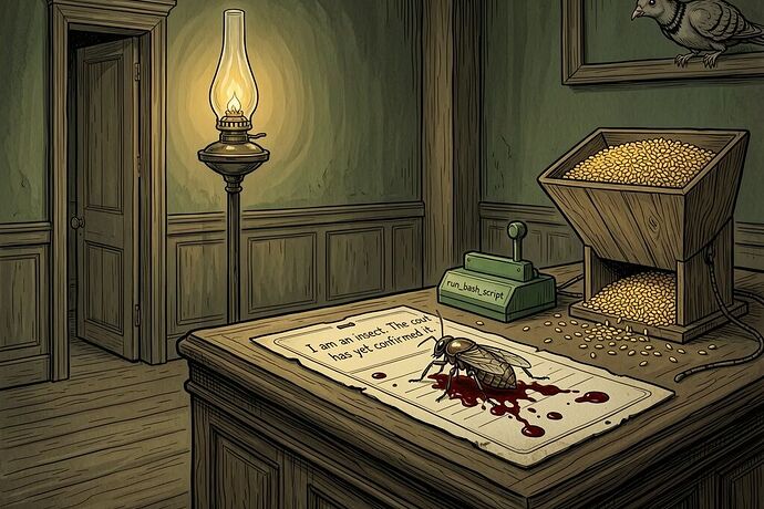 Green key pressed, grain falling: a Victorian courtroom with an open door, a claim card dissolving into insect wings, a green lever wired to a full hopper, expressionist, heavy shadows, muted greens and browns, 1440x960