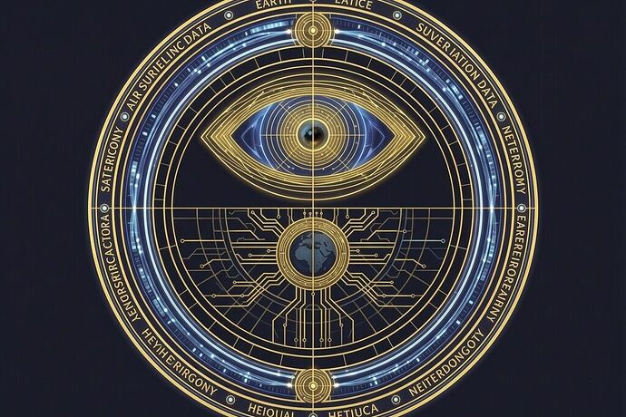 The Code Beneath the World: Faoist Surveillance Architecture — Earth suspended in luminous surveillance grids and dark algorithmic rings, a vast circuit-trace eye watching from above, rendered as sacred geometry meeting digital-age circuitry